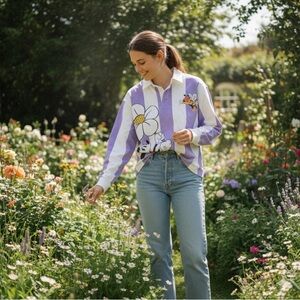 Disney Purple and White Mickey and Bee Long Sleeve button collared cropped rugby